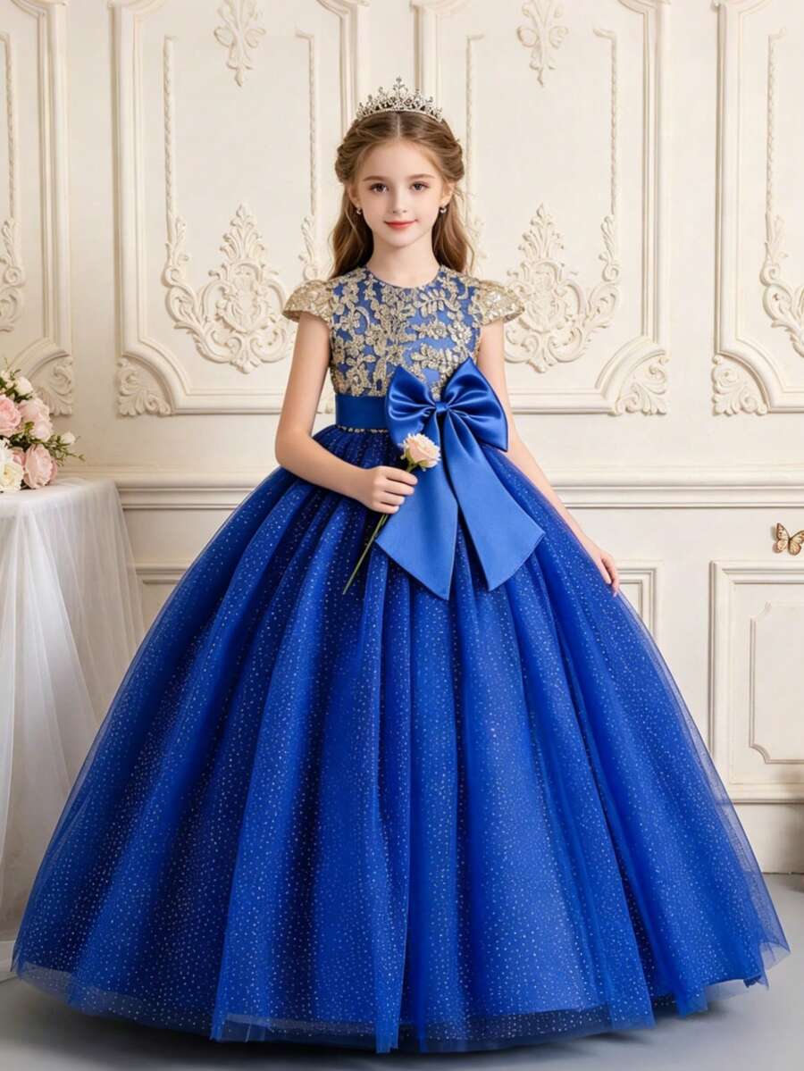 Vestido de princesa de tul con lazo para niñas, vestido de fiesta, desfile, cumpleaños, boda y niña de las flores con mangas cortas - Azul - Ver 1
