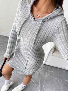 Vestido ajustado con capucha de punto acanalado de moda con cordón - Estilo casual cómodo para mujer - Gris - Ver 4