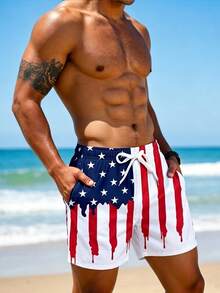 Herren-Strandshorts mit amerikanischer Flagge und Tropfenfarben-Muster, patriotische Sterne-und-Streifen-Badehose mit Kordelzug, rot-weiß-blaue Feiertags-Strandhose - Weiss - Übersicht 6