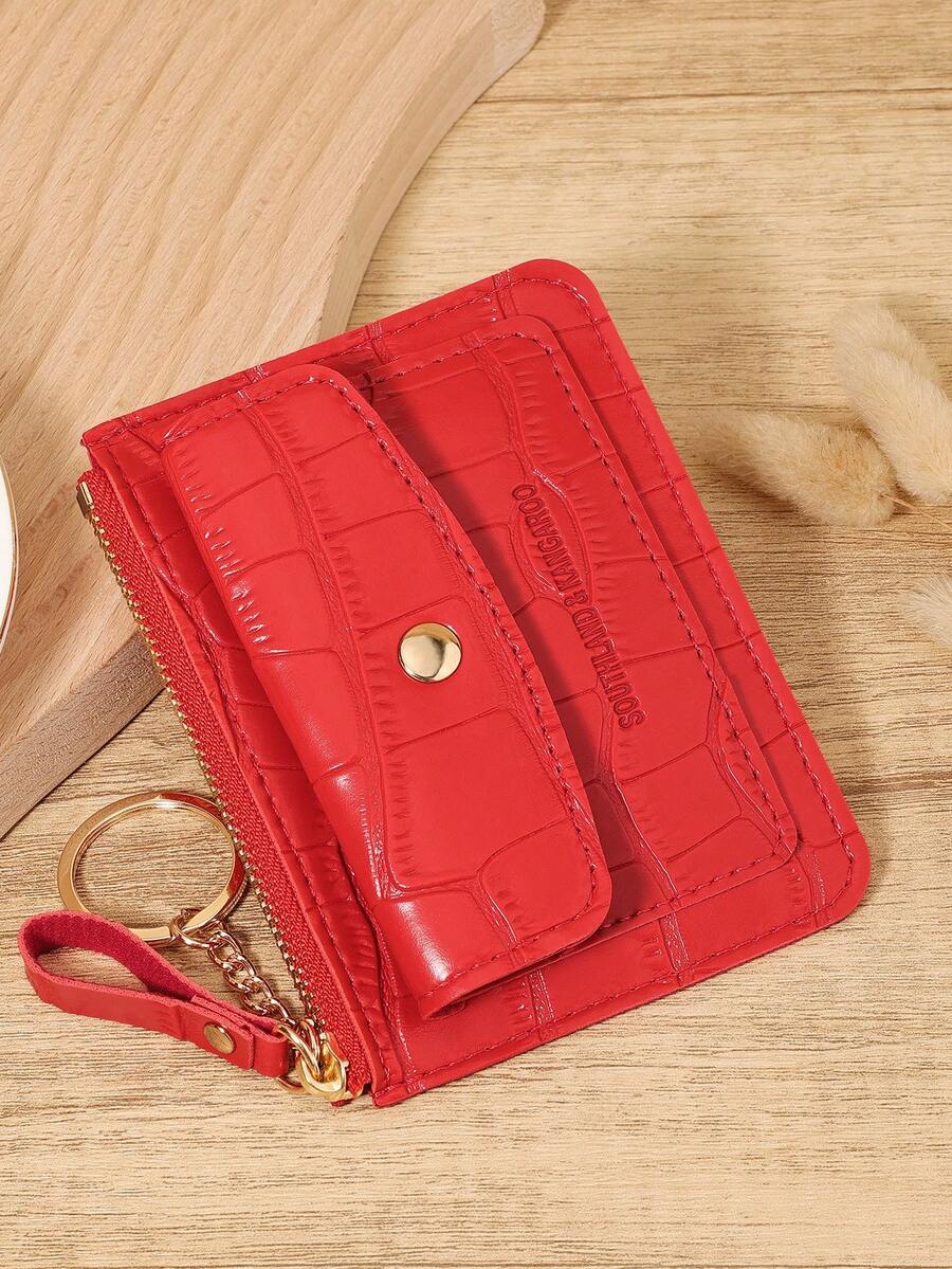 Red Crocodile Pattern Chain Keychain Card Wallet Purse, Mini Zip Around With Flap Multi-Card Slots, PU Leather Coin Pocket Unisex For Daily Use Travel, Compact Minimalist Accessory For Birthday Christmas Gift