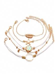 Set de 5 piezas de pulsera con colgantes de aleación vintage versátil con diseños de concha, estrella de mar, círculo hueco y disco, adecuado para uso diario, playa y viajes - Dorado - Ver 2