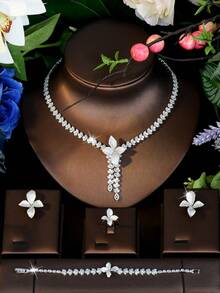 1 Set Silver Tone CZ Tennis Chain Jewelry Set, Elegant Sparkling Set For Anniversary Dinners & Valentine's Day Dates - Silver - View 2