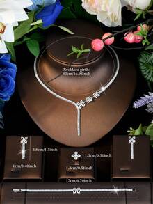 1 Set Silver Tone CZ Clover Lariat Tennis Chain Jewelry Set, Elegant Sparkling Matching Set For Date Nights & Formal Events - Silver - View 7