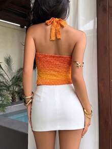 Áo croptop dệt kim hở lưng gợi cảm dễ thương phong cách Y2K dành cho nữ, kiểu dáng ôm sát ombre màu cam với dây buộc cổ, thích hợp cho các hoạt động mùa xuân/hè, đi biển, hẹn hò, du lịch, lễ hội âm nhạc. - trái cam - Xem 5