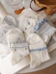 4 pares de calcetines cortos para mujer, estilo minimalista y cómodo, versátiles calcetines cortos con estilo de bosque, calcetines cortos con encaje floral y flores, calcetines casuales para estudiantes, adecuados para vacaciones, uso diario, trabajo, deportes, primavera/verano/otoño, colores aleatorios - Multicolor - Ver 6