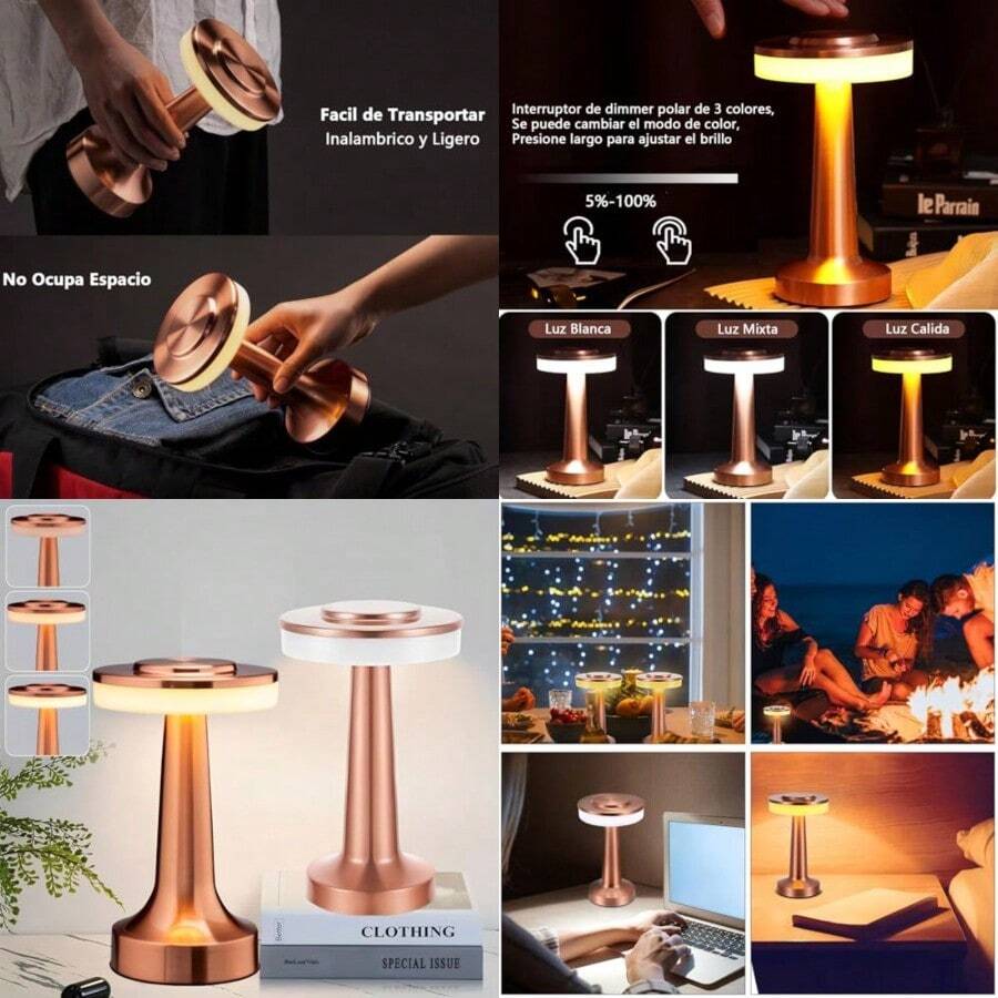 Paquete de 2 Lámpara de Escritorio Inalámbrica Portátil, Lampara de Mesa Recargable con Sensor Táctil, Atenuación Continua de Tres Colores, Adecuada para Dormitorio, Oficina, Etc - Bronce Rojo - Ver 1