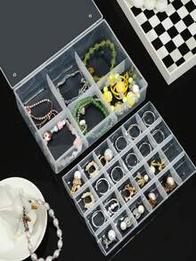 Caja de almacenamiento de joyas de doble capa con rejilla, organizador de plástico transparente, contenedor multicompartimento para aretes, collares, anillos y accesorios pequeños, a prueba de polvo y ahorra espacio - Multicolor - Ver 2