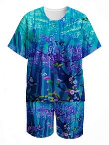 Plus Size 2 Piece Suit With Short Sleeved T Shirt And Shorts Boho Style Floral And Butterfly Pattern 2026 Summer New Style For Casual Wear And Outdoor Activities 3D Printing Soft And Comfortable Fabric Perfect For Warm Weather Days And Relaxing Outings - Multicolor - View 4