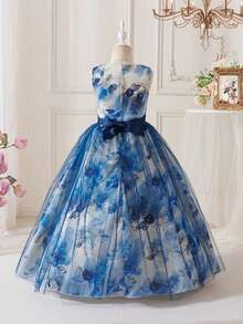 Girls' Princess Dress With Floral Pattern, Made Of Mesh Material, Suitable For Parties And Celebrations, Excluding Headpiece - Royal Blue - View 4