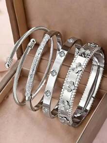 Znice 304 Stainless Steel Bracelet Set, Featuring Large Floral, Roman Numeral And Crystal Accents, Durable Waterproof And Non-Irritating, Versatile For Beach, Party, Daily Wear, Great Gift For Wife, Girlfriend, Mother's Day - Silver 5 - View 1