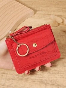 Red Crocodile Pattern Chain Keychain Card Wallet Purse, Mini Zip Around With Flap Multi-Card Slots, PU Leather Coin Pocket Unisex For Daily Use Travel, Compact Minimalist Accessory For Birthday Christmas Gift - Red - View 7
