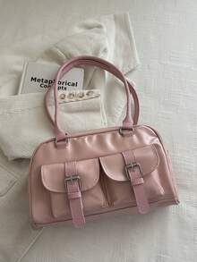1pc Minimalist Retro Zipper Decor Dual Handle Women Daily Casual Commute Handbag - Watermelon Pink - View 7