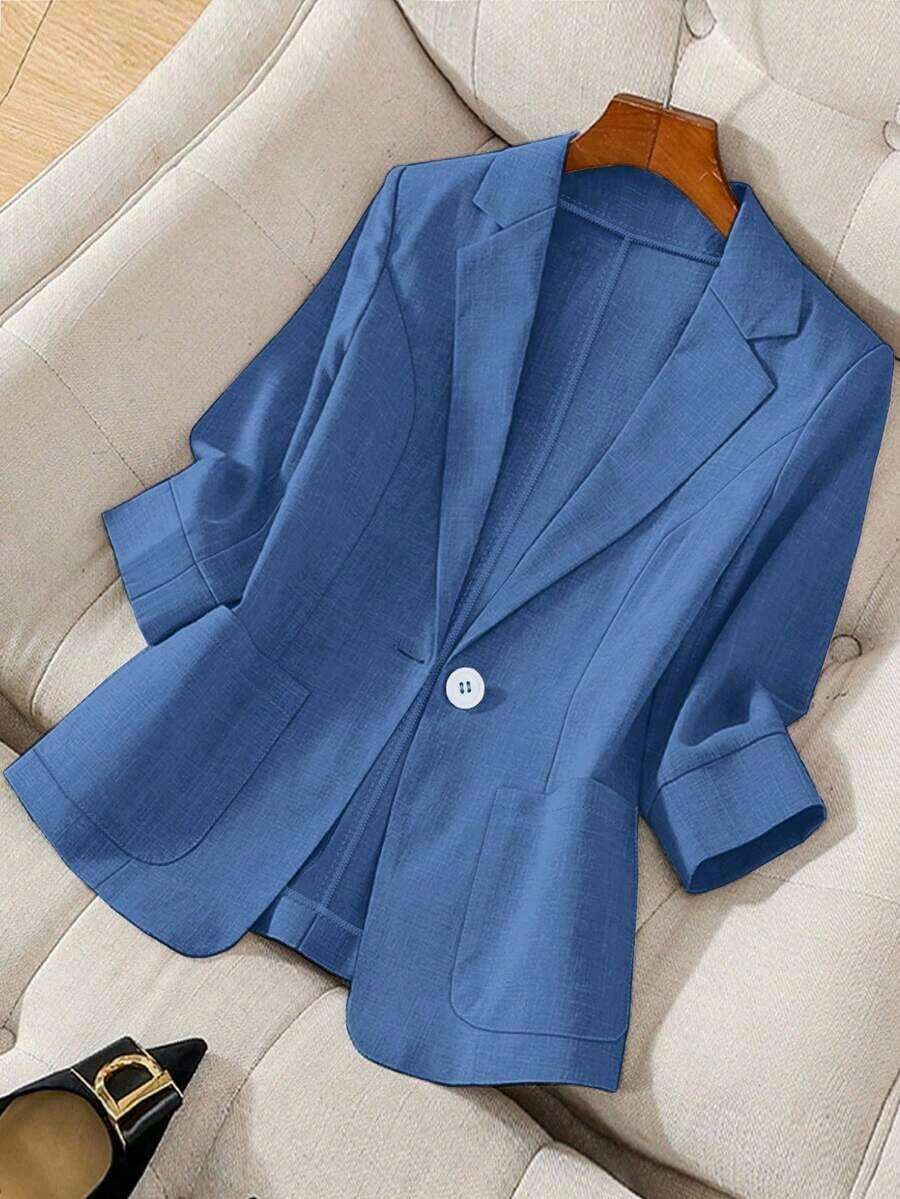 Blazer ligero de verano con cuello de contraste, uso casual/laboral, de 3/4 de manga para mujer - Niebla azul - Ver 1