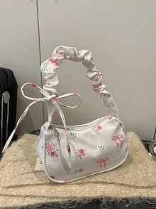 溫柔甜美抽繩肩背包，新款極具吸引力百搭帆布斜背包，碎花設計，熱銷款 - 白色 - 查看 7