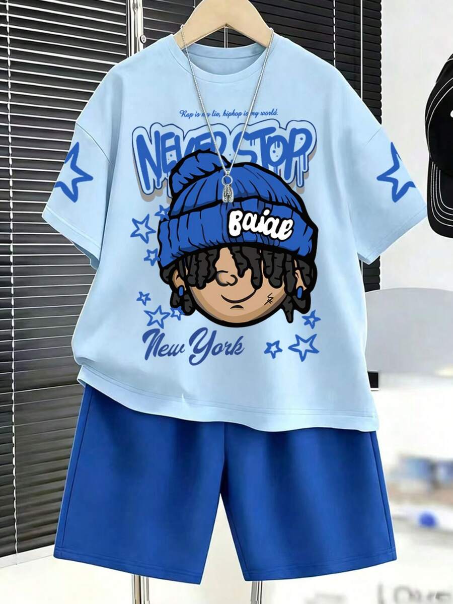 Young Boy Round Neck Letter Cartoon Print Short Sleeve T-Shirt And Shorts Casual Daily Set - Blue - View 1