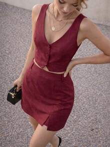 Women's Casual Two Piece Set, Button Front Vest, Slit Shorts And Skirt, Solid Color - 酒紅色 - 查看 5