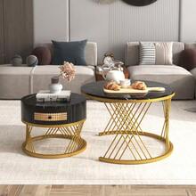 2-In-1 Round MDF Coffee Table, Side Table With Marble Top And Synthetic Rattan Drawers, Solid Wood Handles. Gold Iron Legs. 70 X 70 X 45.5 + 50 X 50 X 38.5 Cm - Black - View 12