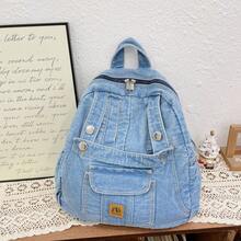 Mochila mini de mezclilla lavada vintage Y2K con bolsillos con cordón, adecuada para el estilo callejero estudiantil - Multicolor - Ver 14