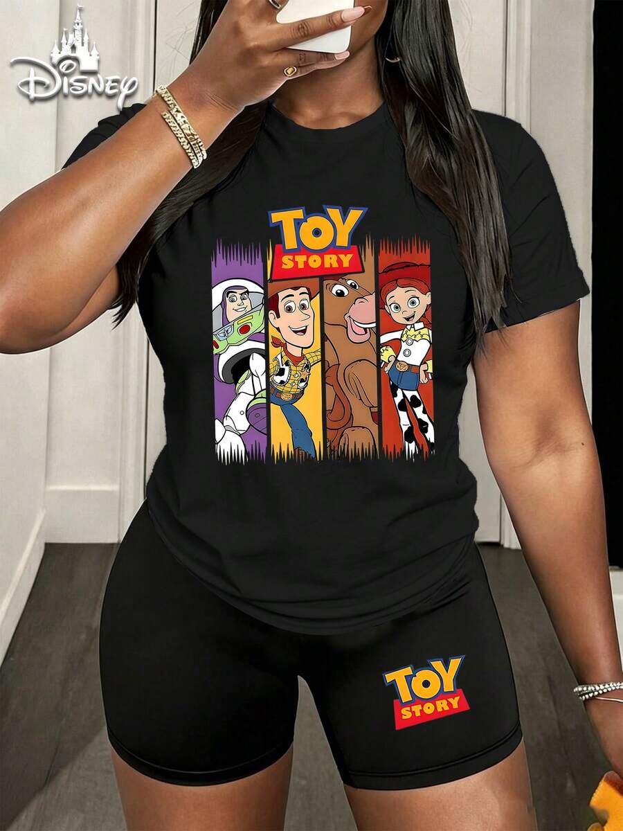 [Disney 2-Piece Casual Women's Set] Toy Story Cartoon Print Crew Neck Short Sleeve T-Shirt And Cycling Shorts Women's Outfit Combination, A Gift For Mother, Summer Street, Daily, Vacation, Casual, Home Wear - màu đen - Xem 1