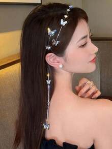 1pc Butterfly Tassel Headband, Rhinestone Faux Pearl Elegant Headpiece, Romantic Ethereal Long Tassel Hair Accessory - Multicolor - View 3