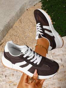Vintage Striped Lace-Up Training Shoes, Mesh Patchwork Thick Sole Anti-Slip Women's Shoes, Suitable For Commuting, Travel, Gym, Campus And Daily Wear - Brown - View 5