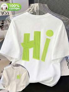 Áo thun nữ tay ngắn cổ tròn chất liệu cotton, họa tiết kẻ sọc và chữ, kiểu dáng thường ngày, màu trắng, thích hợp cho mùa xuân/hè/thu. - trắng - Xem 4