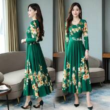 Elegante Vestido Largo Floral con Estampado Grande, Falda Maxi, Primavera, Verano, Otoño, Invierno, Nuevo Estilo, Ropa de Mujer, Vestido de Cintura Alta con Corte en A - verde - Ver 4