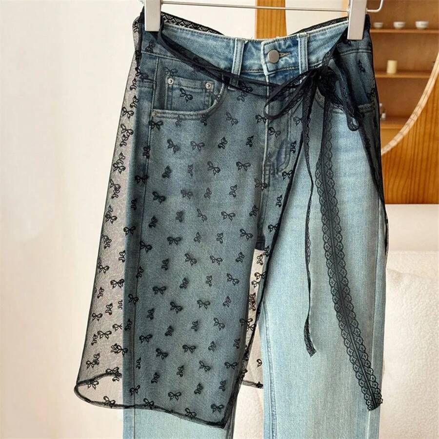 Falda de gasa en capas de encaje de Blogger INS Y2k, delantal de calle, falda envolvente con cordones, pantalones a juego, falda envolvente Y2k apilada para chica picante - mariposa negra - Ver 1