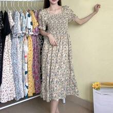 Primavera Verano cintura elástica vestido de gasa mujeres Vestidos casuales moda femenina Vestidos de manga corta plisado A-line Vestidos - huangsesuihua - Ver 1