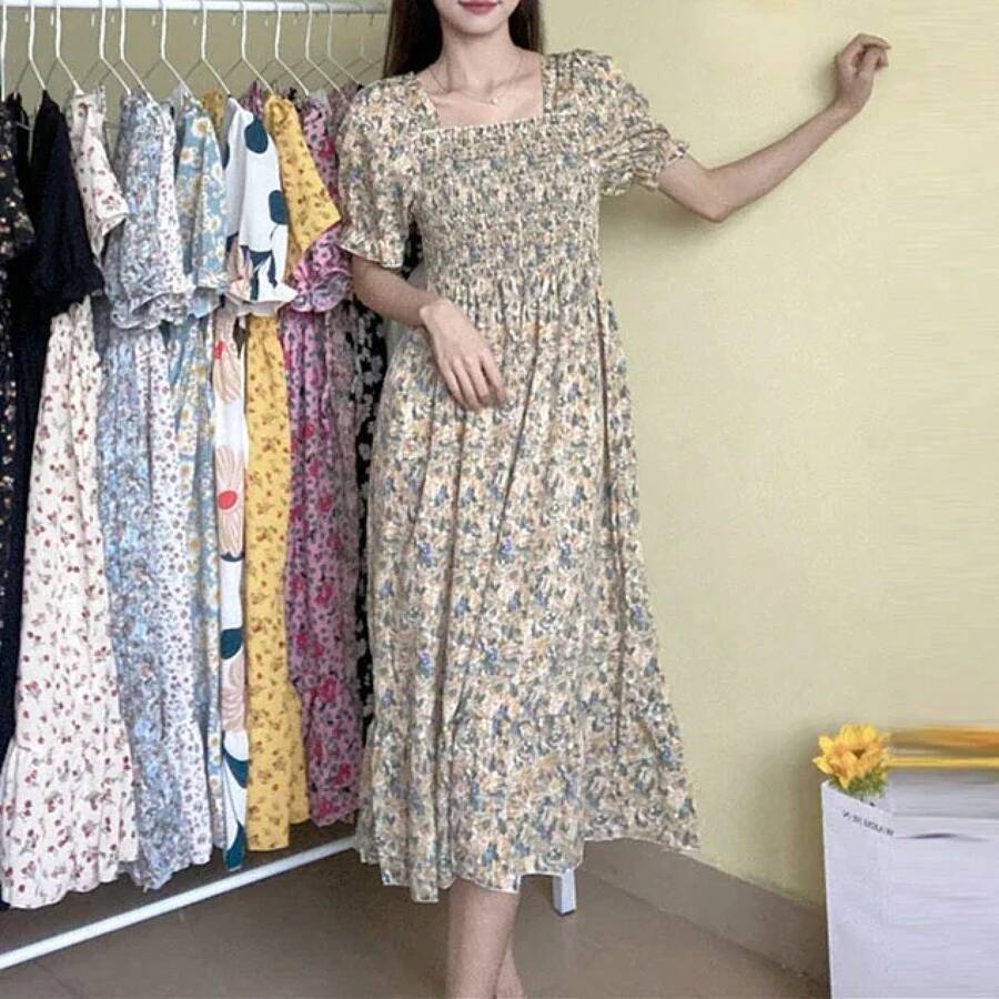 Primavera Verano cintura elástica vestido de gasa mujeres Vestidos casuales moda femenina Vestidos de manga corta plisado A-line Vestidos - huangsesuihua - Ver 1