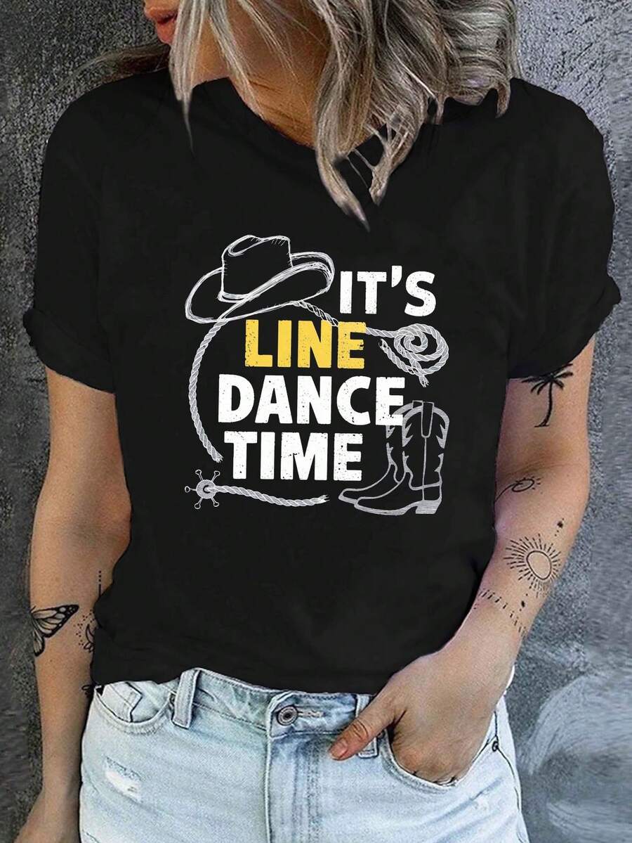 Camiseta de hombre de tela vaquera con estampado momento de de baile, de manga corta y cuello redondo, top casual, ropa de mujer para primavera/verano, uso diario. - Negro - Ver 1