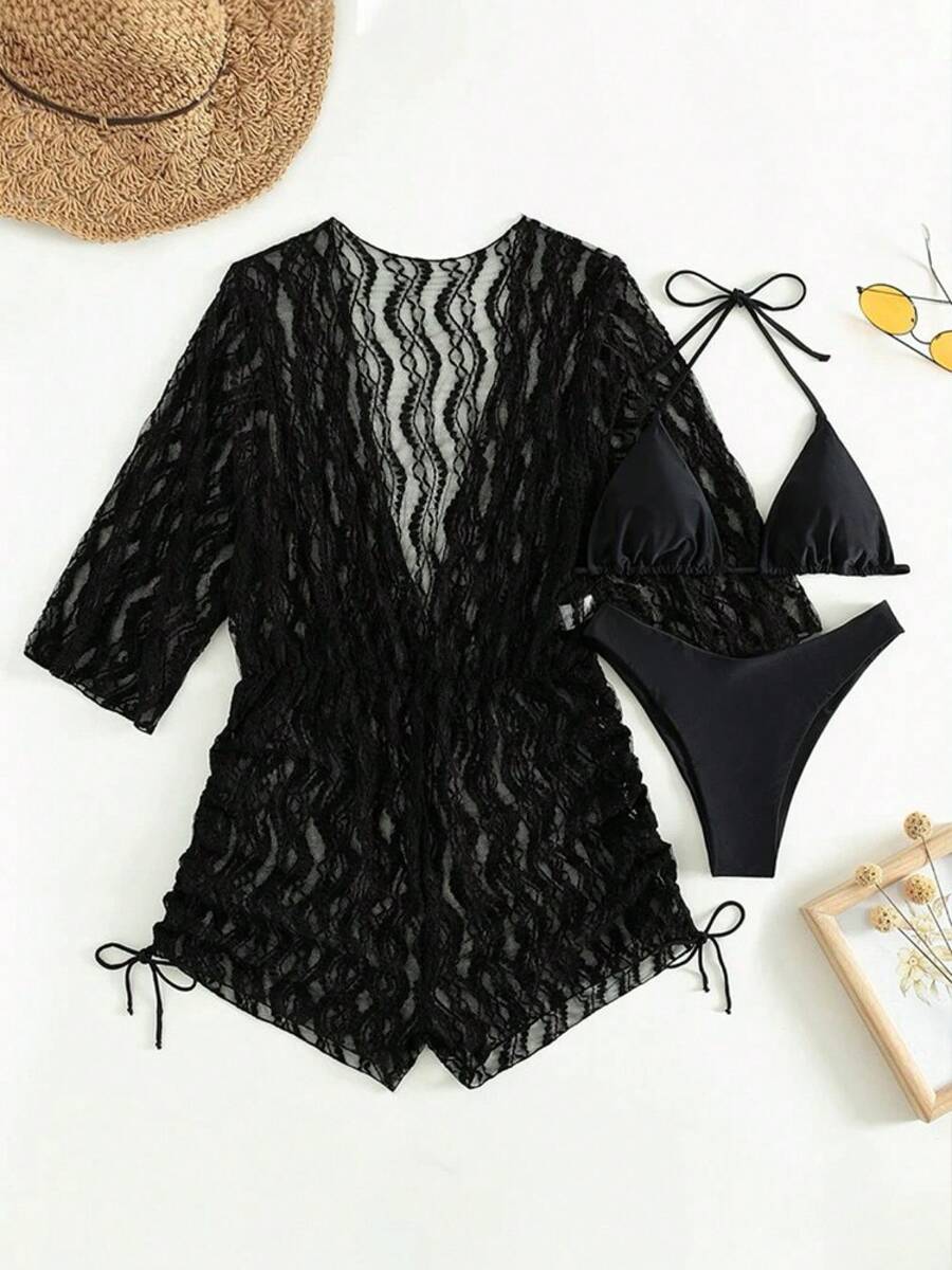 Swim Mod Women's Triangle Tie Bikini With Sheer Lace Romper Cover Up, Elegant V-Neck Beachwear, 3-Piece Summer Swimsuit - 黑色 - 查看 1