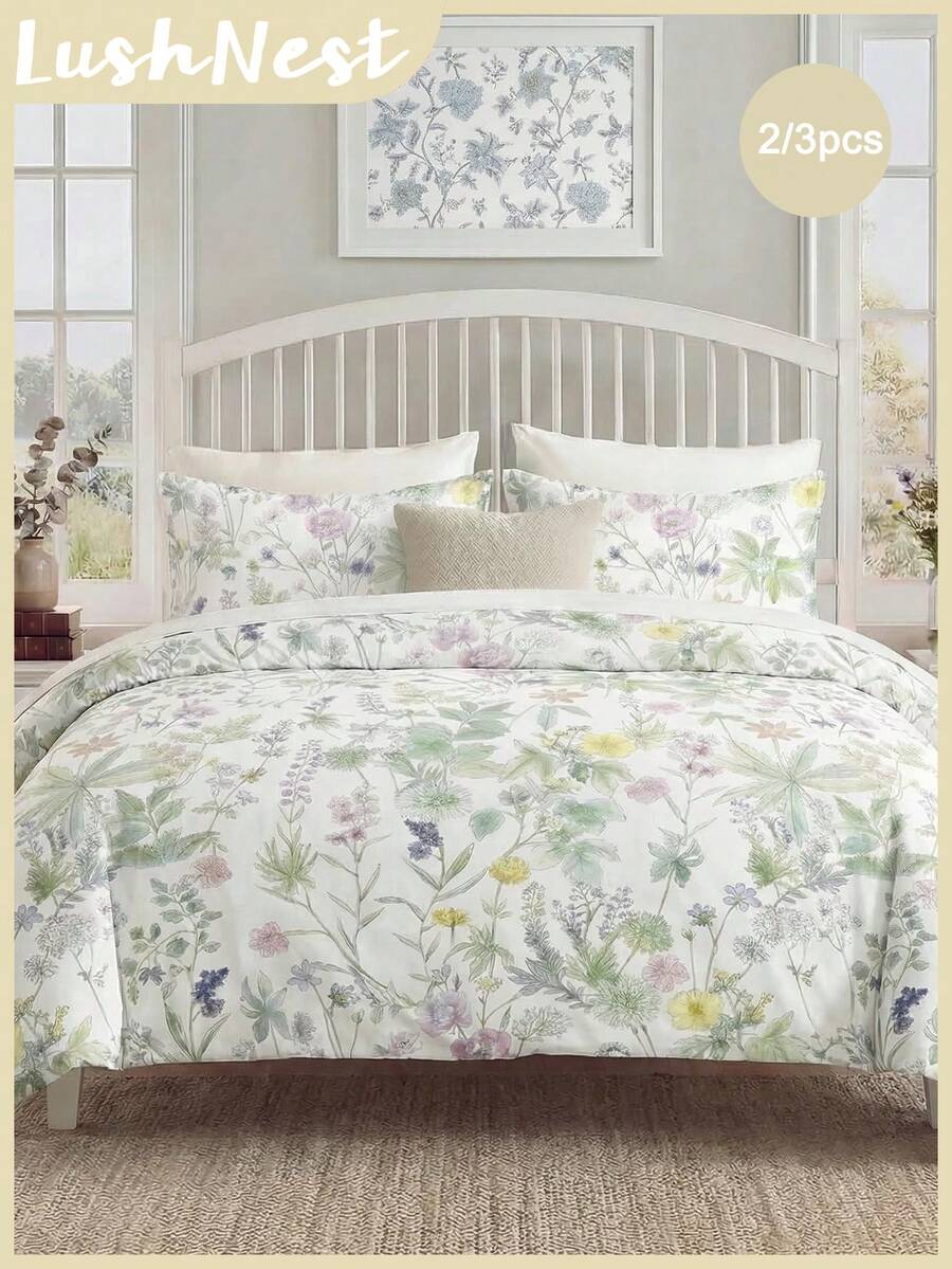 2pcs/3pcs Green Fresh American Country Floral Digital Print Comfy Bedding Set (1 Duvet Cover + 2 Pillowcases, Without Filler), Made Of Soft Polyester Fiber, Suitable For Master Bedroom, Guest Room, All Seasons, Spring - Multicolor - View 1