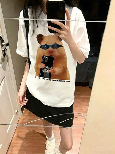 复古美式趣味仓鼠印花100%纯棉宽松蝙蝠袖短袖T恤，女士夏季休闲通勤款