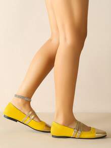 Square Toe Mary Jane Shoes, Gold Patchwork, Double Strap, School Uniform Shoes, Versatile All Season Plus Size Loafers - Yellow - View 14