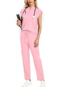 Set de 2 piezas que incluye top de cuello mao y pantalones, conjunto de ropa de trabajo de unicolor rosa primavera - Rosa - Ver 6