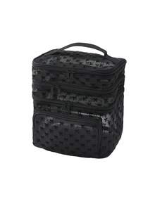 Black Minimalist Fashion Mesh Bow Pattern, Large Capacity Multi-Function 3-Layer Makeup Bag, Single Handle Multi-Pocket Convenient Design, Foldable Storage Bag, Partitioned Storage - Black - View 3