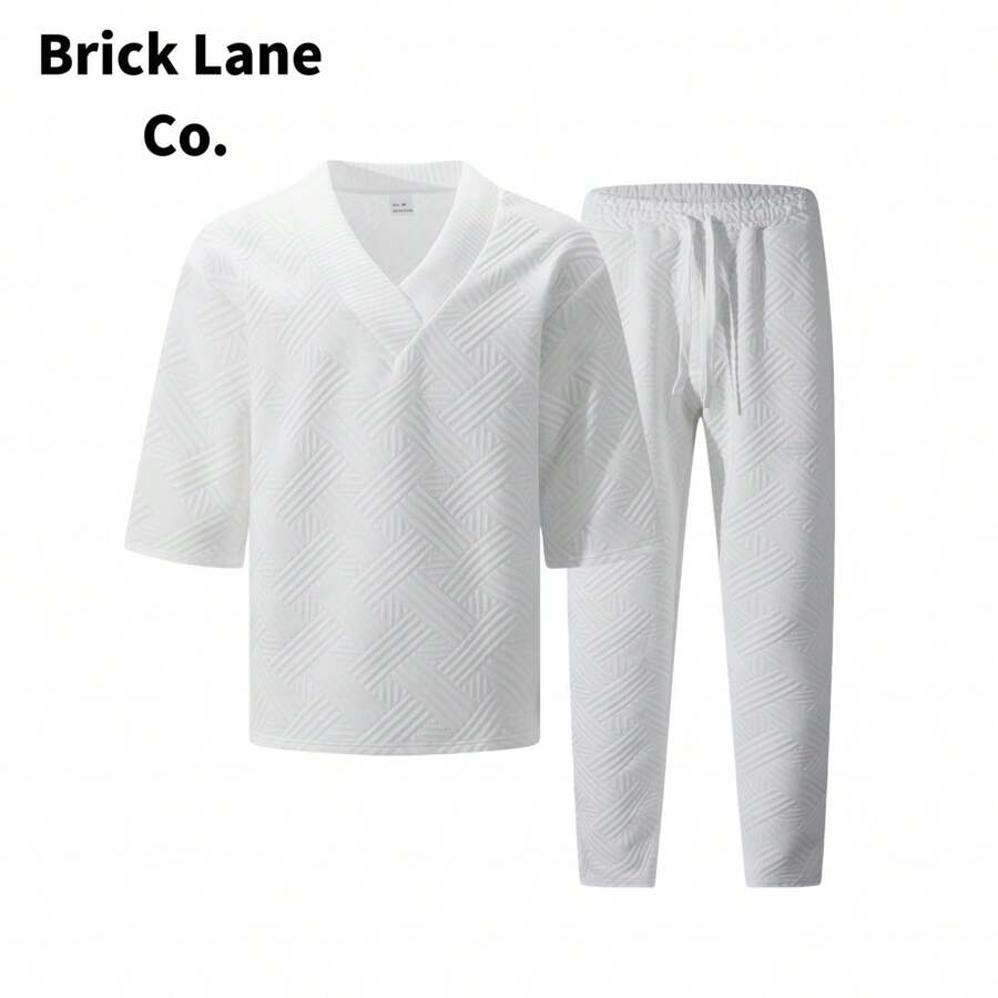 Brick Lane Co. 2026 Mens 2 Piece Outfits European And American Men's Casual Short-Sleeve Long-Pants Set With, Solid Color, Versatile Jacquard Summer Suit - 白色 - 查看 1