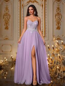 Đầm dạ hội màu tím đính cườm thủ công VIP GIRL, xẻ tà cao, thích hợp cho tiệc tùng và biểu diễn sân khấu. - Màu tím hoa cà - Xem 4