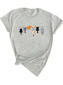Camiseta casual de verano para mujer con cuello redondo y manga corta, con estampado de gato lindo en color blanco - Gris - Ver 1