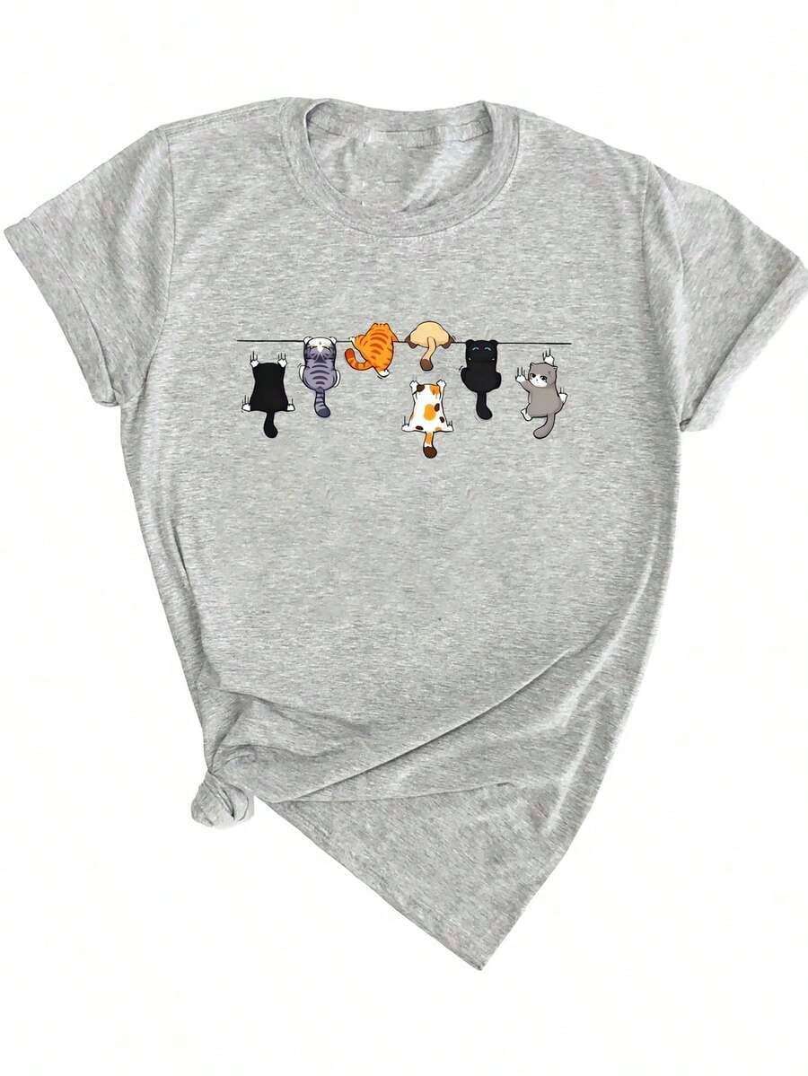 Camiseta casual de verano para mujer con cuello redondo y manga corta, con estampado de gato lindo en color blanco - Gris - Ver 1