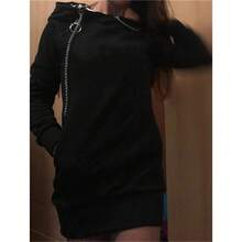 Vestido con capucha Casual Color sólido Manga larga Cordón Sudadera con capucha Vestido delgado con capucha Jersey Sudadera Vestido - Azul Marino - Ver 4