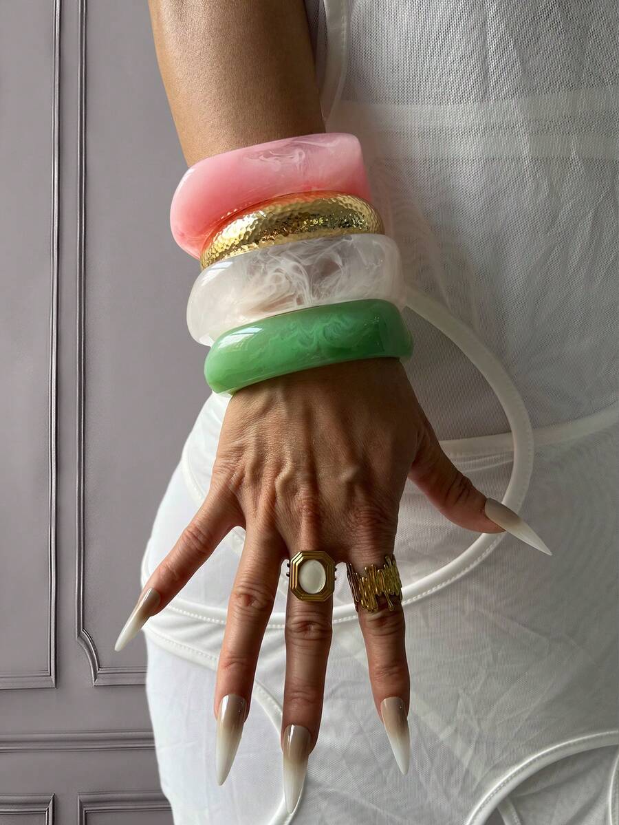 Set de 4 pulseras de encanto, pulsera dorada, pulsera de resina, pulsera verde, pulsera ancha, pulsera gruesa, set de pulseras mixtas de oro y blanco, set de pulseras, pulsera ancha, pulsera de mujer, regalo para ella - Multicolor - Ver 1