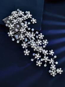 1pc Shiny Crystal Flower & Pearl Hair Comb, Elegant Women's Hair Accessory, Versatile For Daily Wear, Party, Celebration, Festival - Silver - View 3