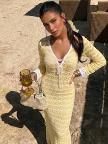 Robe longue ajourée à manches longues de protection solaire, style décontracté vacances, pour fête de plage, station balnéaire, bohème, sexy, pour femmes, nouvelle collection printemps/été - Beige et blanc cassé - Voir 4