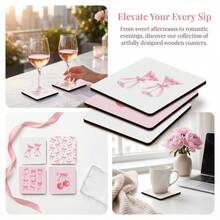 4pcs/Set Pink Bowknot Square Wooden Coasters, Heat Resistant & Anti-Slip, Suitable For Drinks, Coffee, Office, Kitchen, Dining Table Decor, 2D - Multicolor - View 1