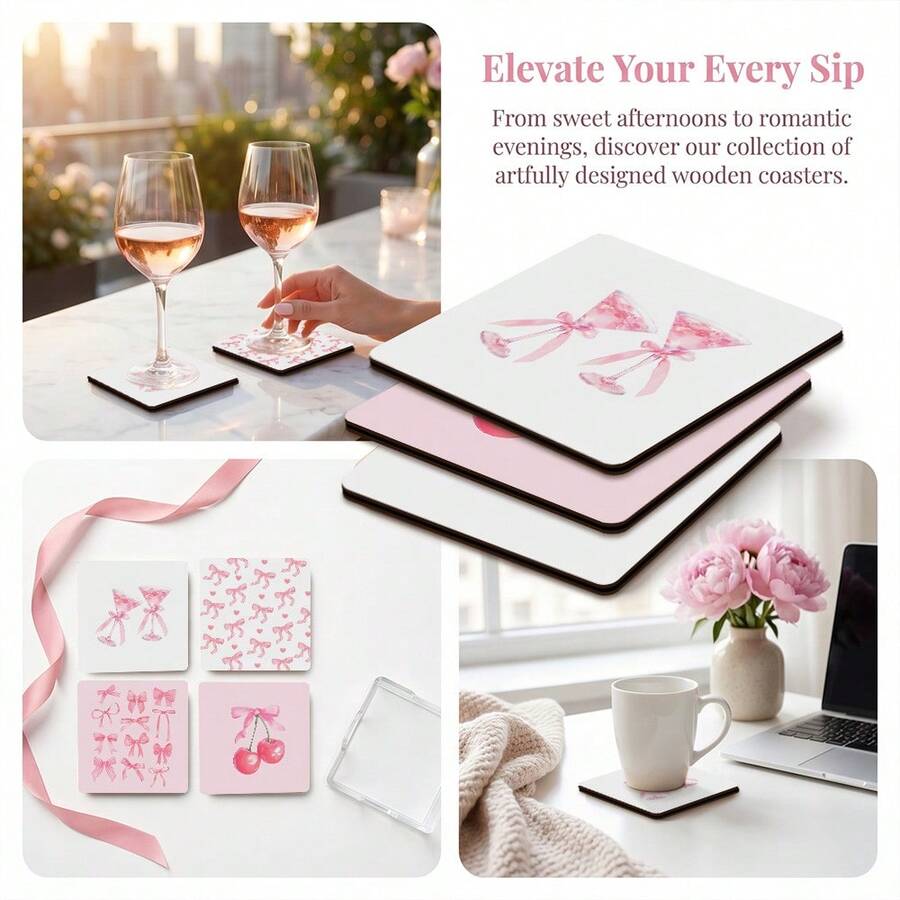 4pcs/Set Pink Bowknot Square Wooden Coasters, Heat Resistant & Anti-Slip, Suitable For Drinks, Coffee, Office, Kitchen, Dining Table Decor, 2D - Multicolor - View 1