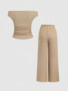 Conjunto Versátil de 2 Piezas para Mujer  Sweetro: Top de Color Sólido con Hombros Descubiertos y Pantalones Anchos Casuales con Cordón Ajustable - Caqui - Ver 2