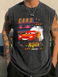 Camisetas sin mangas para hombre con licencia oficial de Disney, 100 % algodón, estampado Cars Race Ready, lavadas, 230 g, cuello redondo estilo retro vintage, ropa cómoda e informal. - Negro - Ver 4