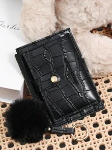 Cartera plegable con cierre de presión de cocodrilo negro, portador de tarjetas con múltiples ranuras, ventana de identificación y bolsillo con cremallera para monedas, decorado con pompón y llavero, organizador minimalista y compacto unisex para uso diario, viajes, compras, escuela, transporte, perfecto como regalo de cumpleaños o Navidad para mujeres, hombres, niñas y adolescentes - Negro - Ver 4